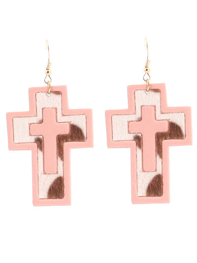 'Cow Cross' Pink Animal Print Cross Earring