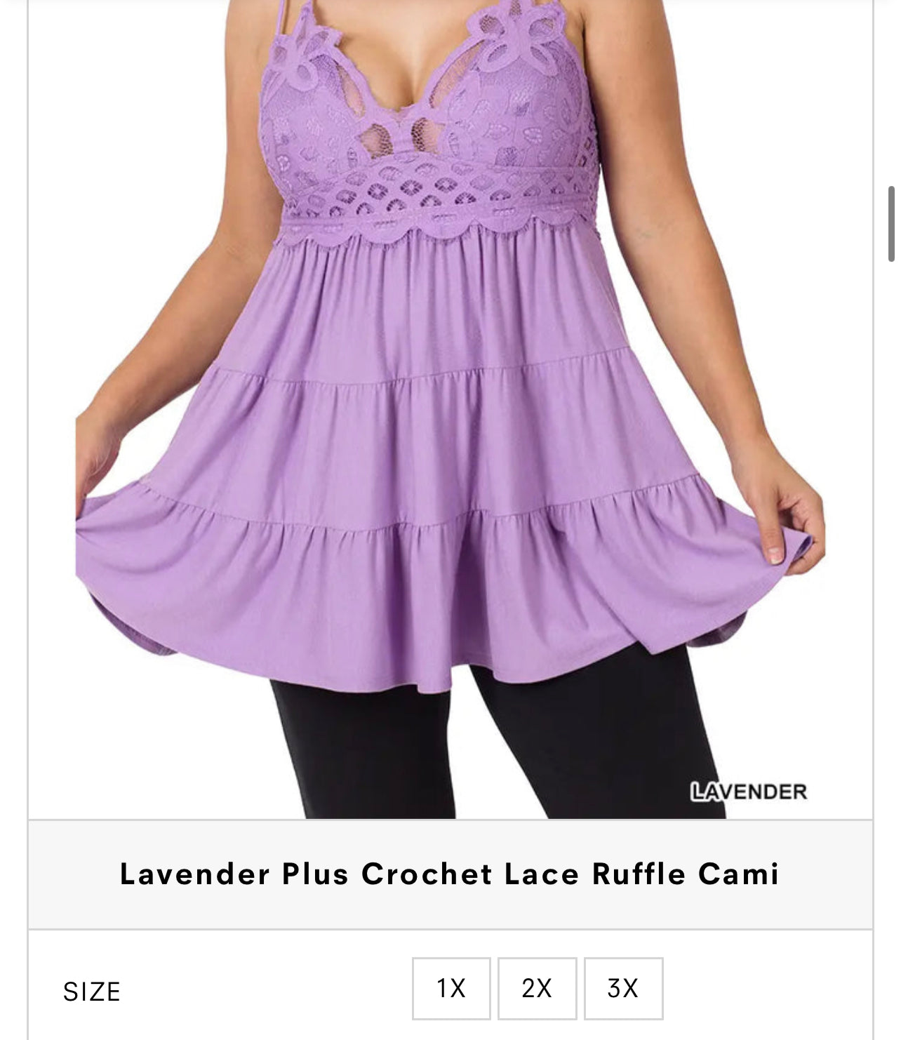 Lavender Plus Crochet Lace Ruffle Cami