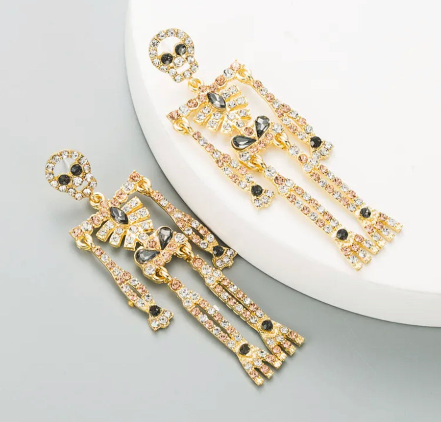 Gold & Dark Rhinestone Skeleton Halloween Earrings