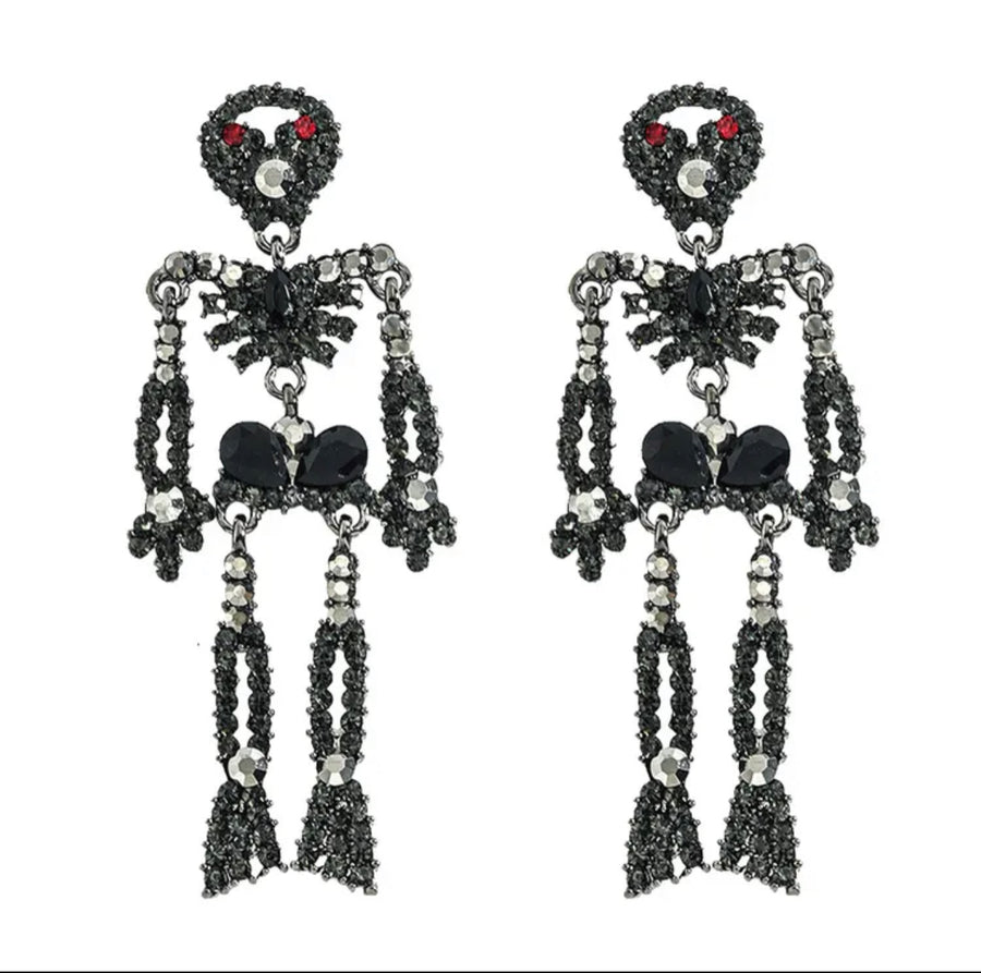 Black Rhinestone Skeleton Halloween Earrings