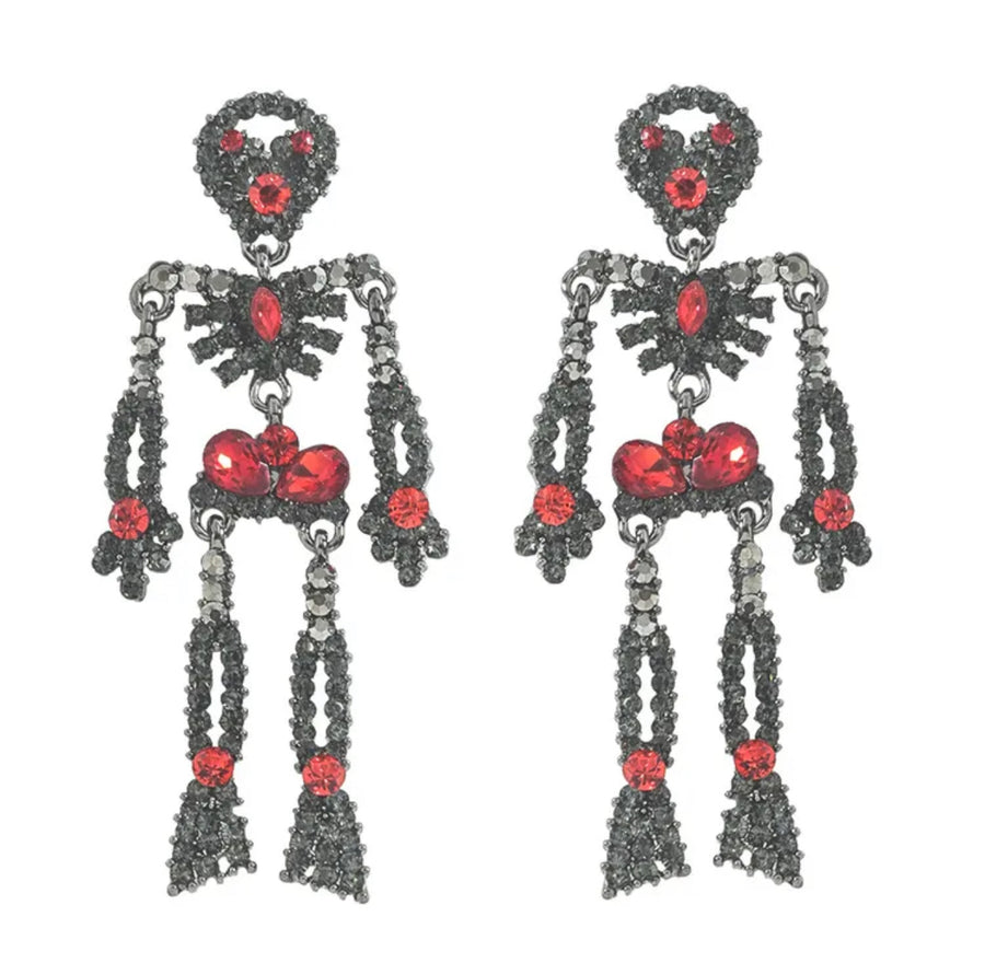 Black & Red Rhinestone Skeleton Halloween Earrings