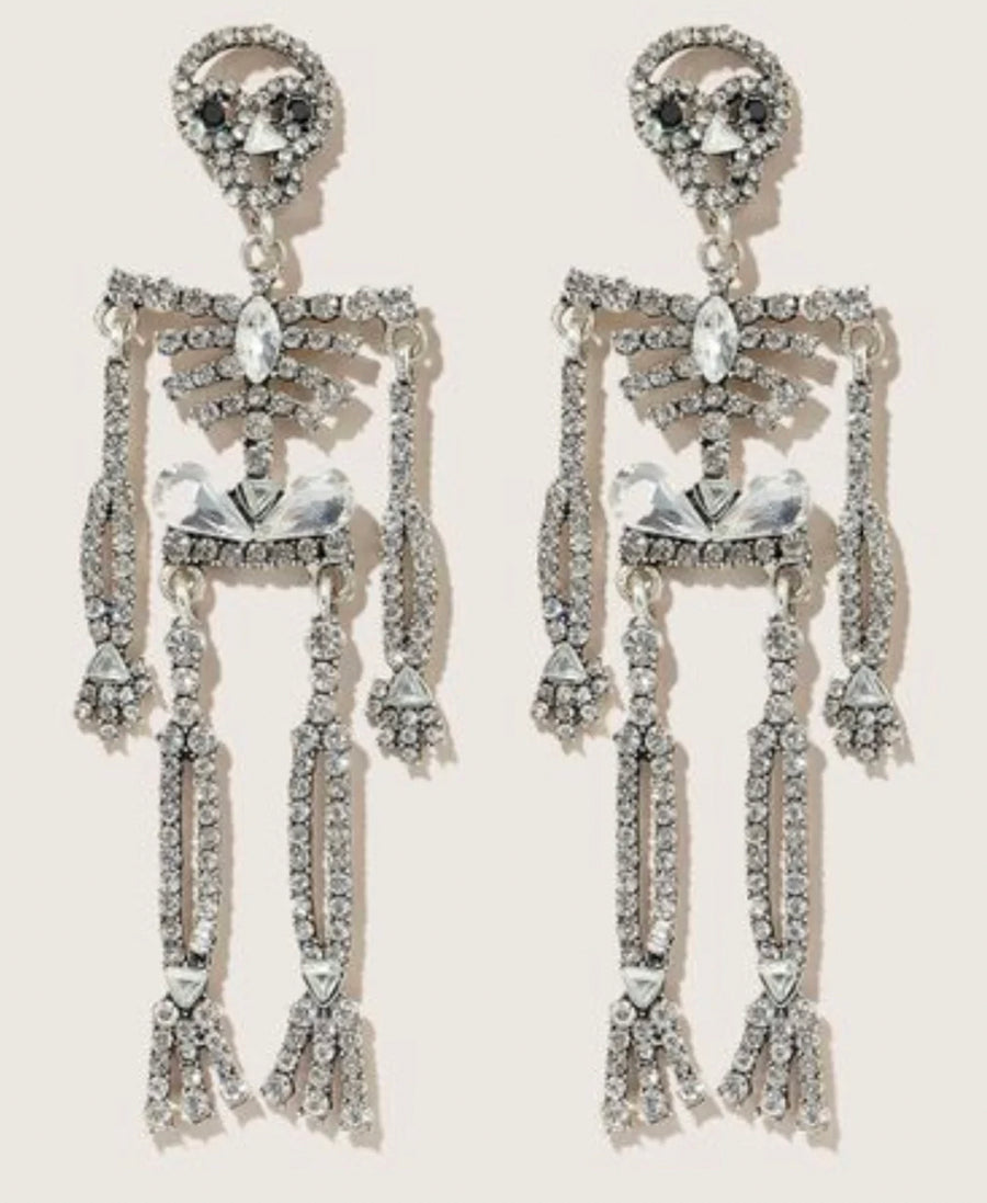White Rhinestone Skeleton Halloween Earrings