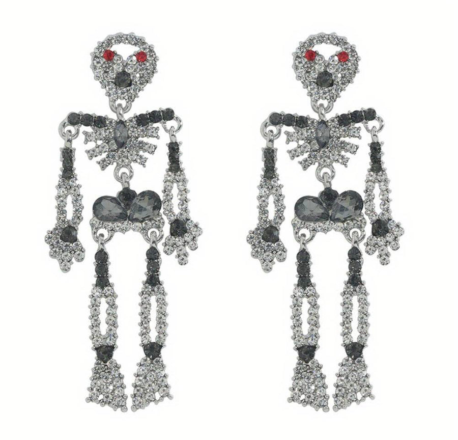 White & Black Rhinestone Skeleton Halloween Earrings
