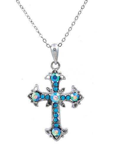 ‘Crystal Crosses’ Blue Silver Cross Necklace