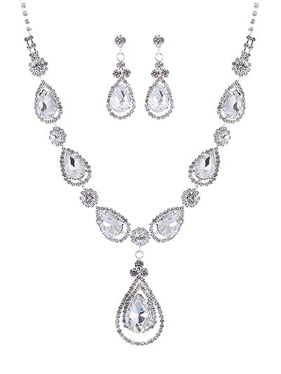 'Blinding Shine' White  Silver Teardrop Necklace & Earrings Set