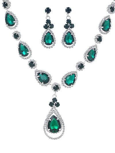 'Blinding Shine' Emerald Silver Teardrop Necklace & Earrings Set