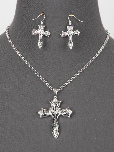 ‘Tulip Crosses’ Silver Necklace & Earrings