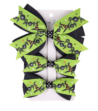 ‘Spooky Spiders’ Green & Black 3 Pc Hair Bow Set