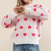 Plus Furry Heart Pattern Boxy Knit Pullover Sweater