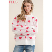 Plus Furry Heart Pattern Boxy Knit Pullover Sweater