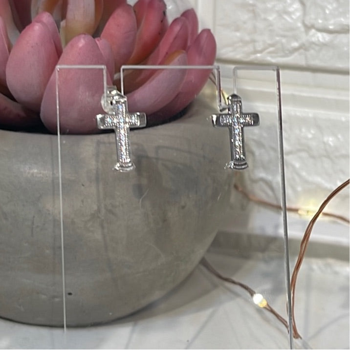 White Topaz Cross Sterling Silver Post Earrings